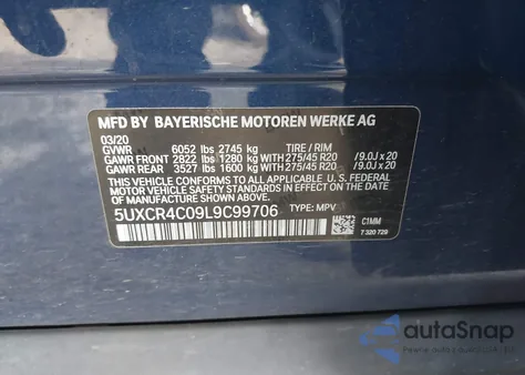 2020 BMW X5 Sdrive40I z USA, uszkodzony, nr VIN 5UXCR4C09L9C99706